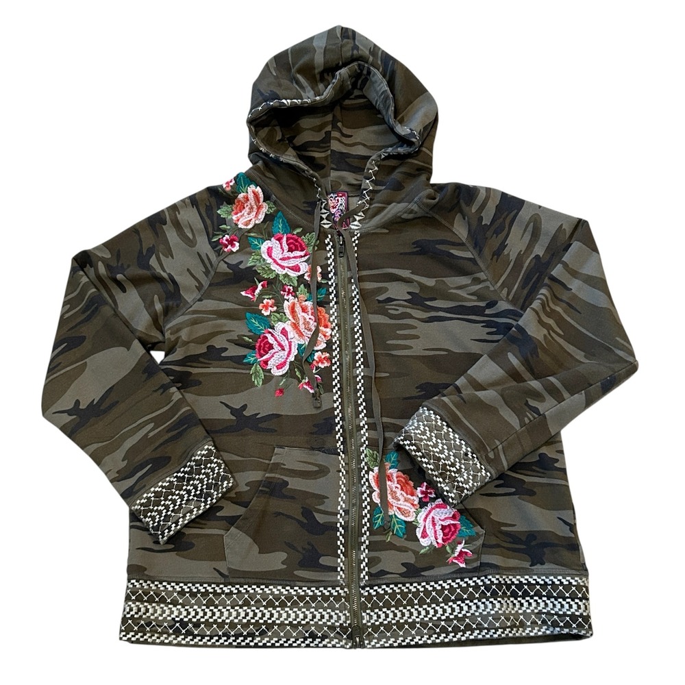 Johnny Was JWLA Women XL Camo Floral Embroidered Zip Up Dorana Hoodie Sweatshirt